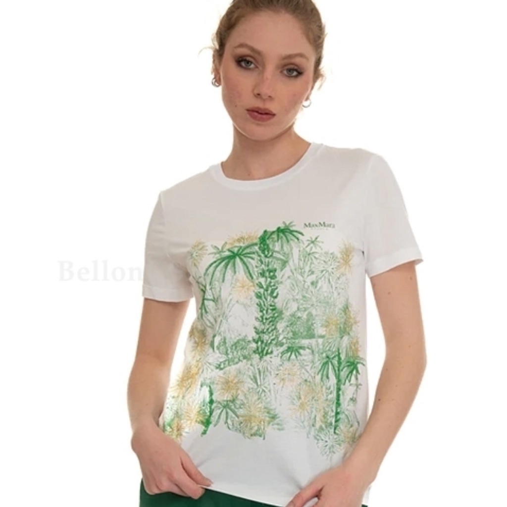 Maxmara White Short Sleeve Tee With Green And Gold Botanical Print